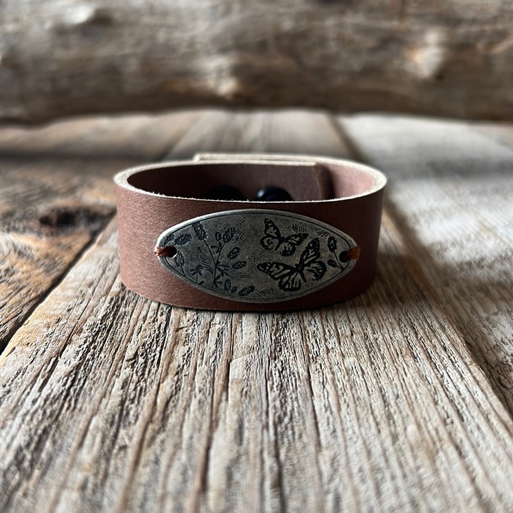 Handmade Leather cuff bracelet with butterfly charm